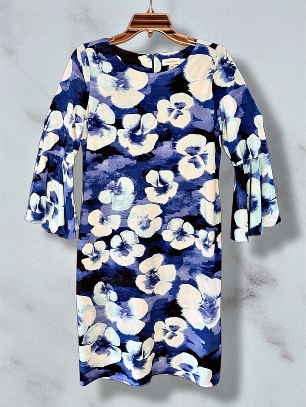 Calvin Klein Floral Bell Sleeve Sheath Dress Blue & White Size 8